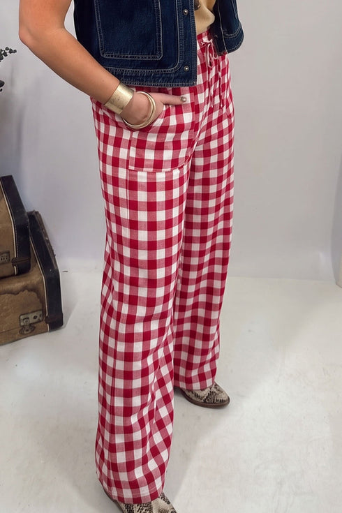 Gingham Plaid Tie Elastic Waist Shift Pants