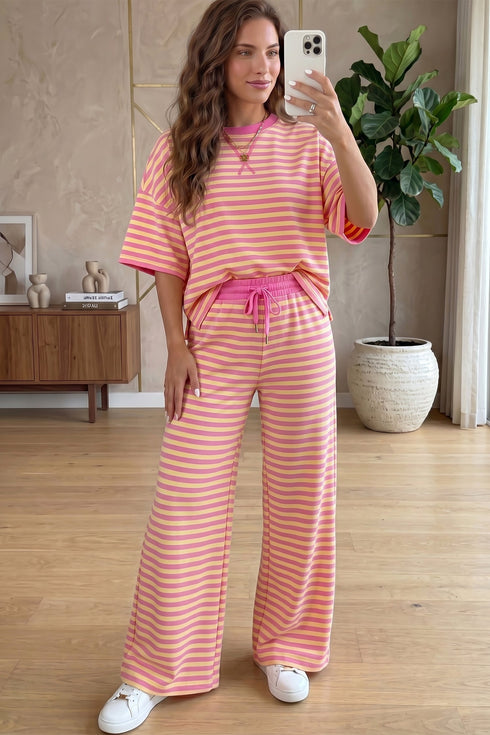 Striped Trim Crew Neck Loose Tee Drawstring Elastic Waist Two Piece Pant Set