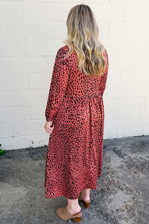 Leopard Print V Neck Long Sleeve Midi Dress