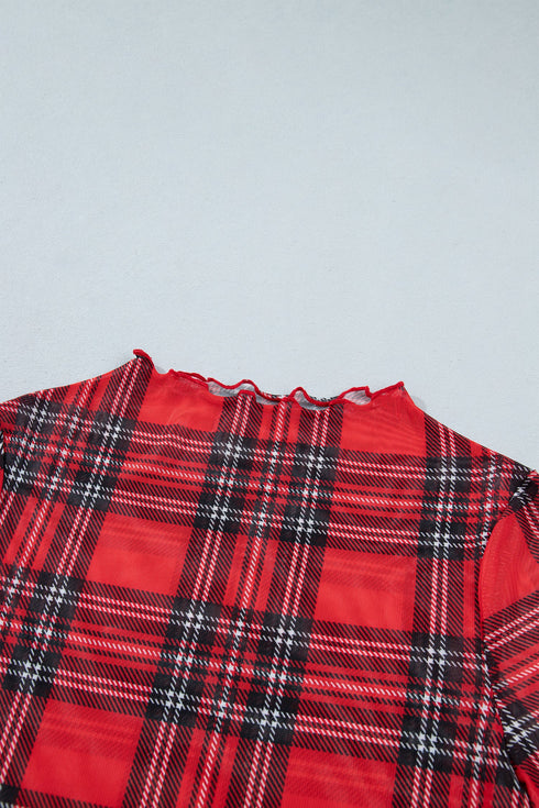 Plaid Round Neck Long Sleeve Pullover Top
