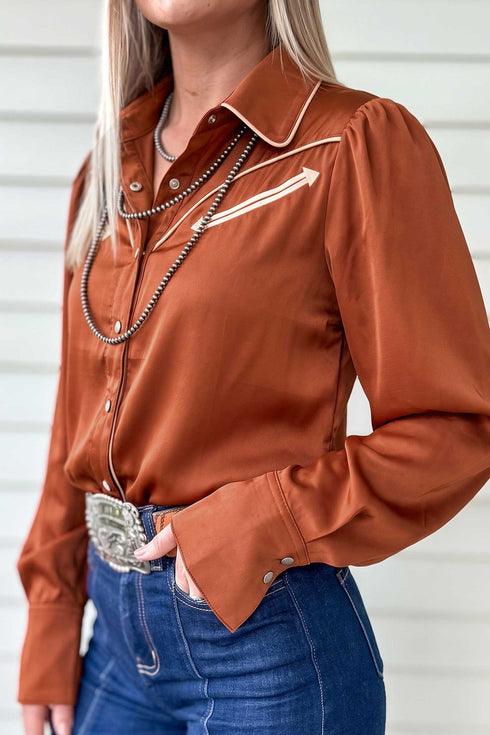 Silky Long Sleeve Button Front Western Fashion Blouse