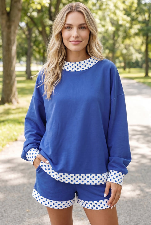 Polka Dot Trim Baggy Pullover Two Piece Short Set