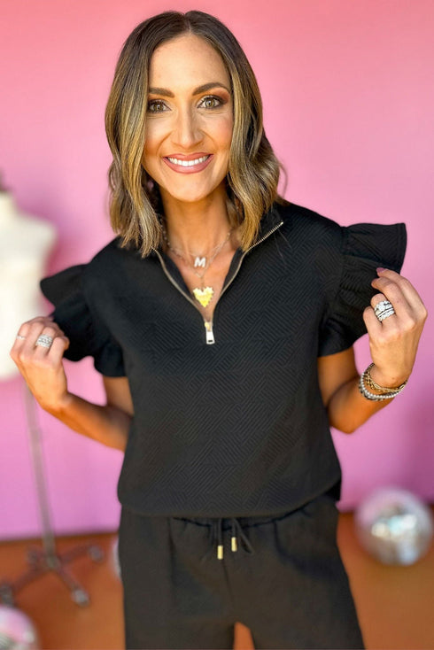 Textured Ruffle Sleeve Top Wide Leg Pant Set