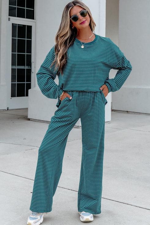 Striped Dropped Shoulder Long Sleeve Top Elastic Waist Pants Two Piece Pant Set