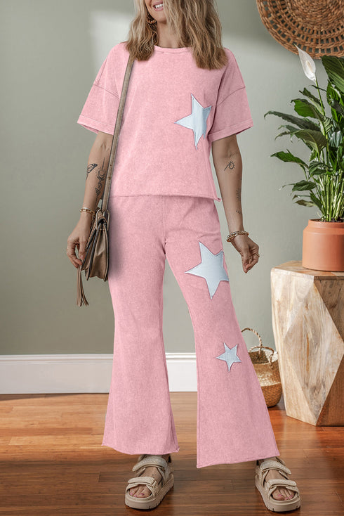 Acid Wash Star Applique Rolled Trim Pants Set