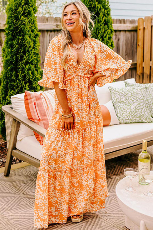 Floral Print Smocked V Neck Wide Sleeve Maxi Dress