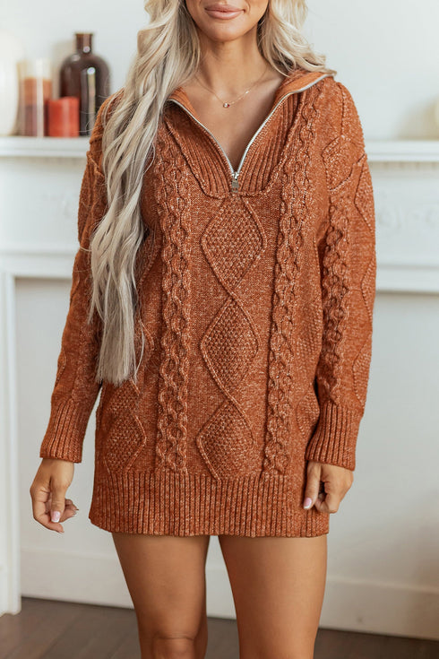 Zip Up Cable Knit Drop Shoulder Sweater Dress
