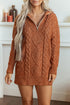Zip Up Cable Knit Drop Shoulder Sweater Dress