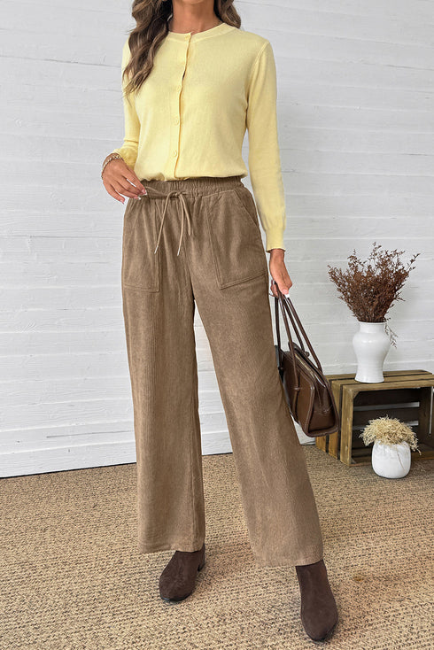 Polyester Tie Elastic Waist Soft Corduroy Pants