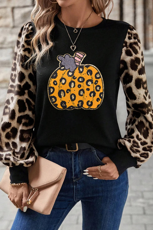Leopard Sleeve Pumpkin Print Graphic Knit Tee