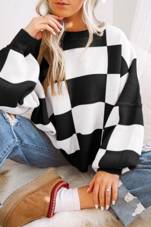 Acrylic Seamed Checkered Pattern Bishop Sleeve Sweater
