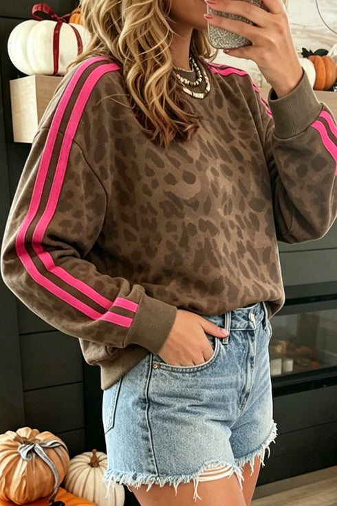 Leopard Print Striped Detail Relaxed Pullover Sweatshirt