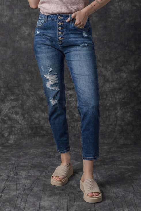 Distressed Button Fly High Waisted Skinny Denim Jeans