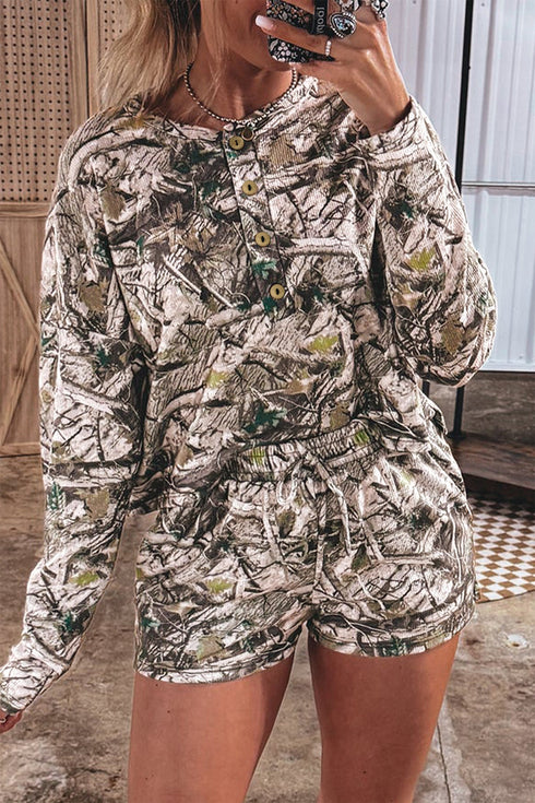 Abstract Camo Print Long Sleeve Elastic Waist Short Sets