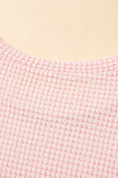 Solid Waffle Knit Fringe Trim Textured Short Set