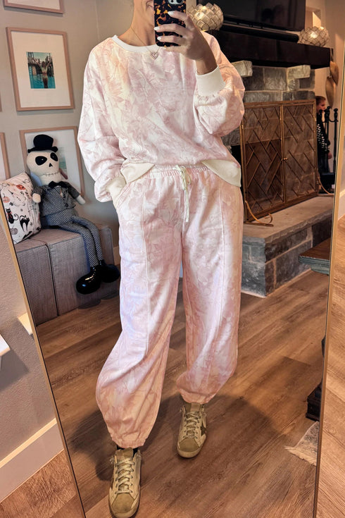 Abstract Print Drop Shoulder Drawstring Waist Hem Pant Set
