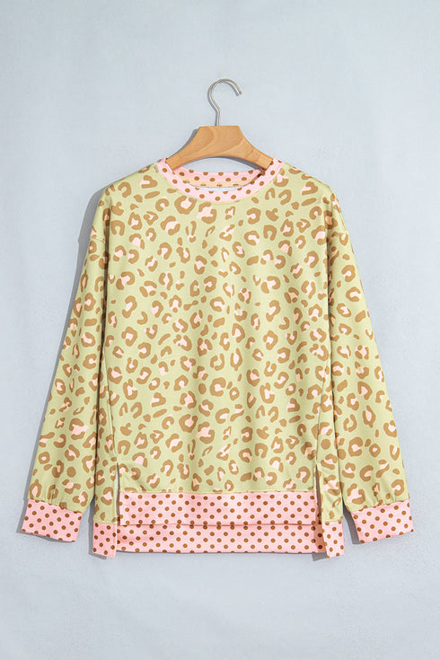 Leopard Polka Dot Trim Long Sleeve Top