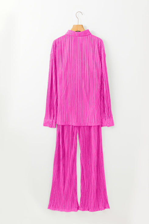 Pleated Long Sleeve Wide Leg Two Piece Loungewear