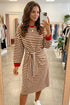 Striped Cuffs Round Neck Long Sleeve Shift Mini Dress