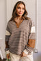 Striped Textured Collar V Neck Long Sleeve Pullover Top