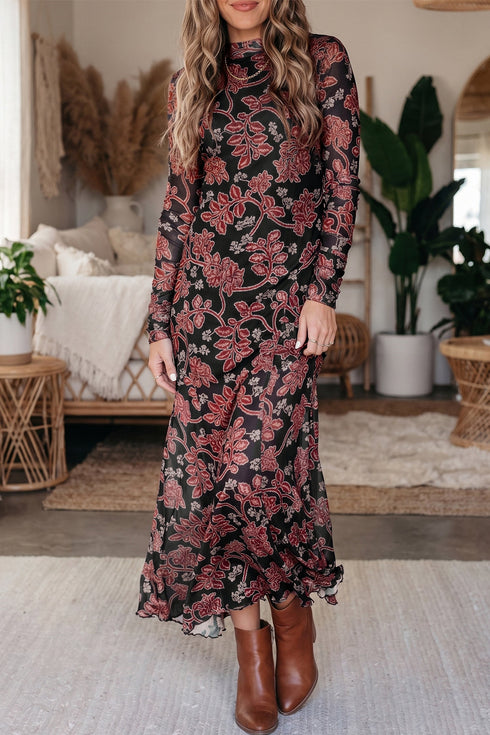 Retro Floral Print Long Sleeve Mesh Maxi Dress