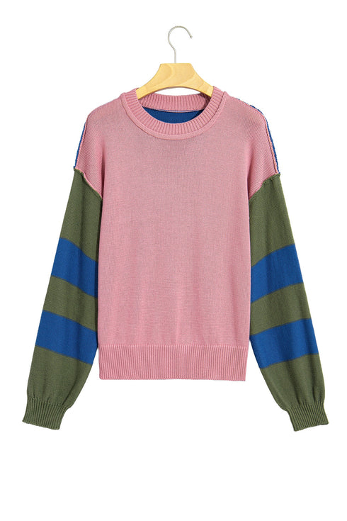 Western Patchwork Striped Long Sleeve Pullover Sweater