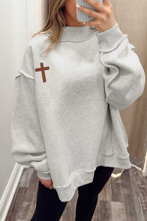 Reversible Christian Faith Print Mock Neck Pullover Sweatshirt