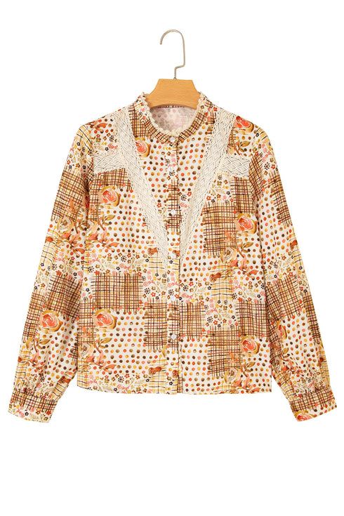Floral Lace Trim Button Down Long Sleeve Blouse