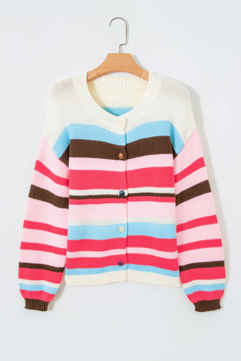 Acrylic Polyamide Striped Pattern Drop Shoulder Cardigan