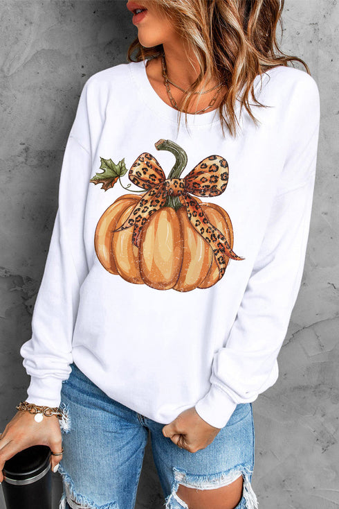 Leopard Bow Pumpkin Graphic Crew Neck Sweatshirt