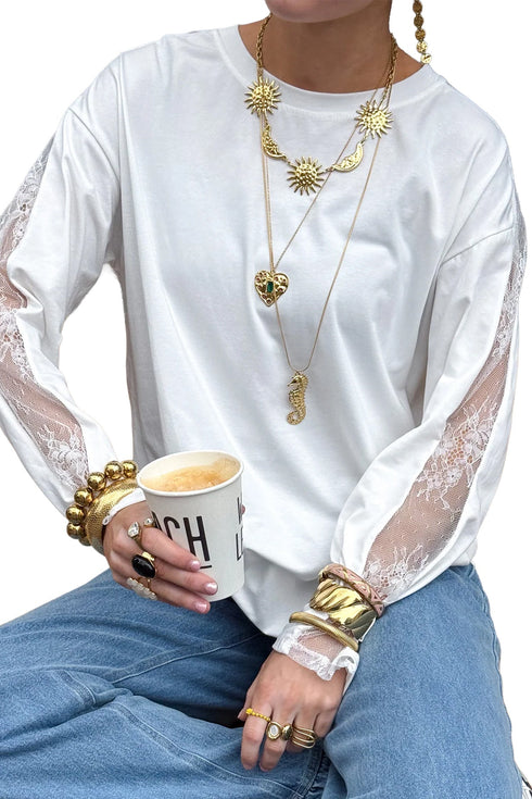 Lace Patchwork Round Neck Long Sleeve Top