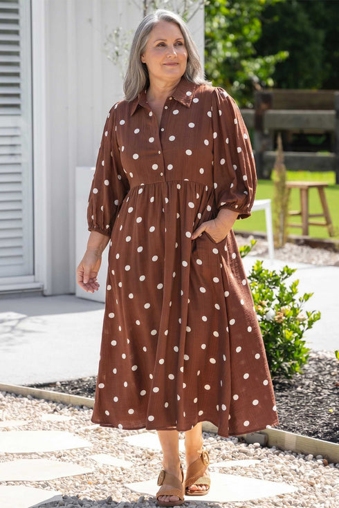 Polka Dot V Neck Front Pocket Gathered Cuffs Long Sleeve Shift Midi Dress