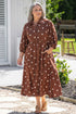 Polka Dot V Neck Front Pocket Gathered Cuffs Long Sleeve Shift Midi Dress