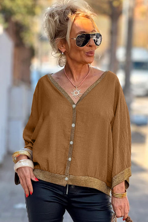 V Neck Glitter Trim Patchwork Button Front Blouse