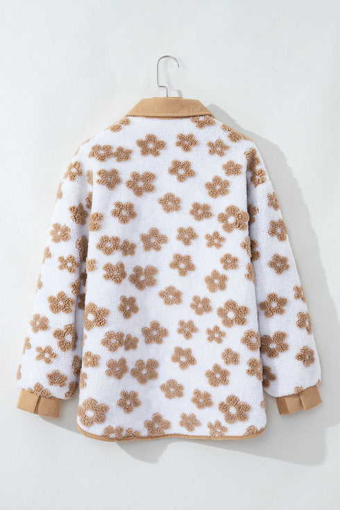 Flower Pattern Button Up Sherpa Fleece Jacket
