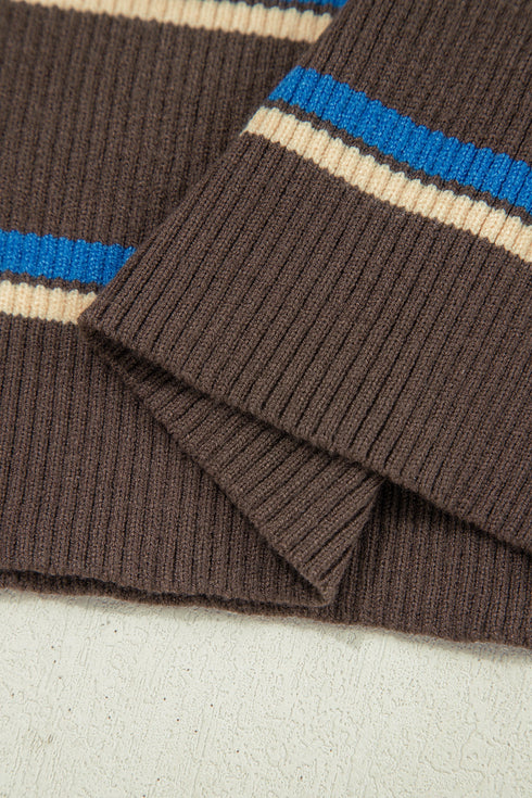 Striped Ribbed Knit Cuff Henley Button Sweater