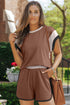 Casual Blocked Pattern Patchwork Cap Sleeve Short Set