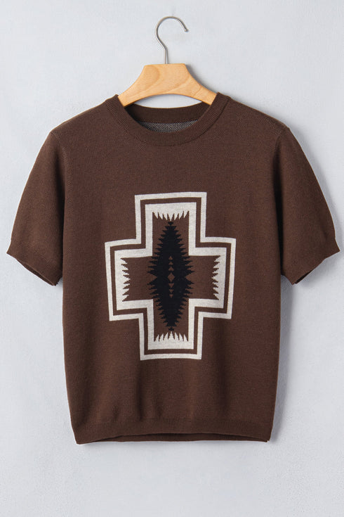 Western Graphic Print Short Sleeve Knit Pullover Sweater