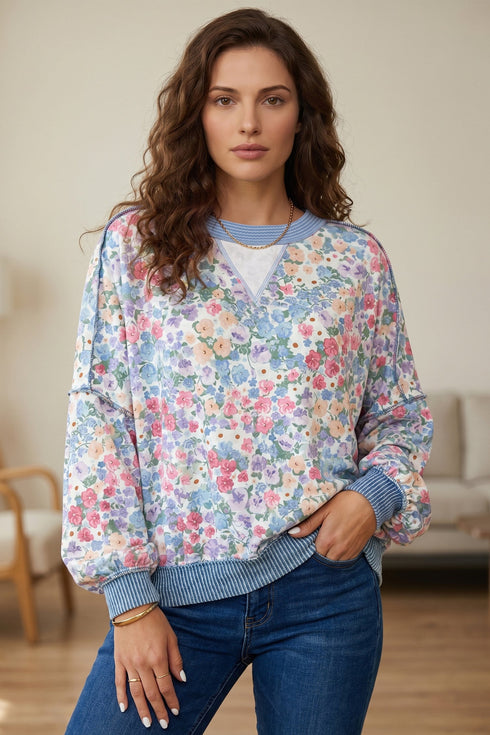 All Over Floral Print Round Neck Long Sleeve Top