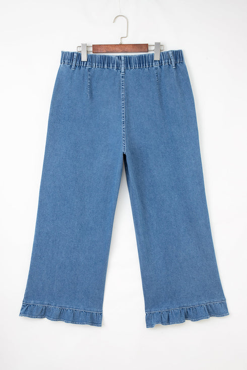 Elastic Waist Ruffled Wide Leg Denim Pants