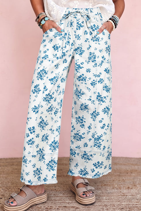 Floral Print Tie Waist Straight Leg Jeans