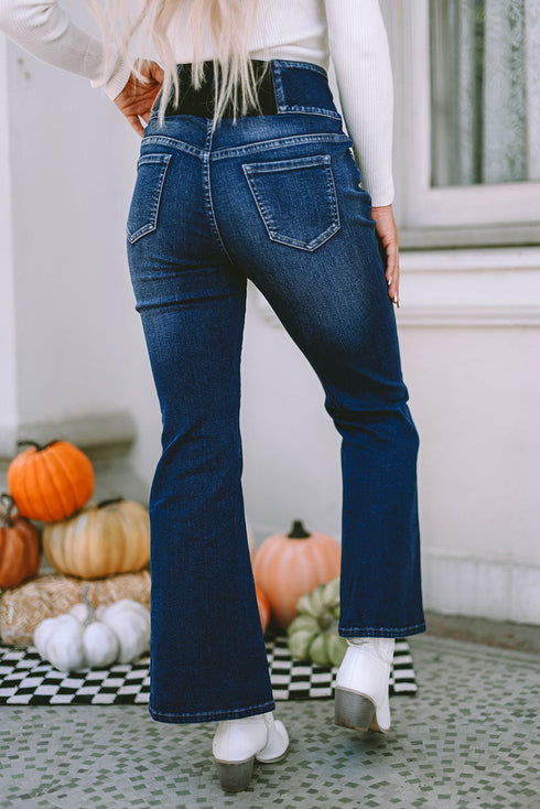 Button Detail Elastic Wide Waistband Flare Denim Jeans