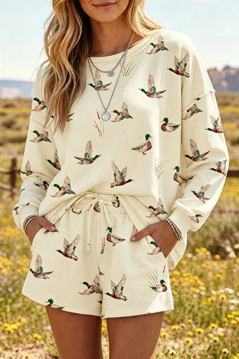 Free Mallard Print Long Sleeve Top Drawstring Short Set