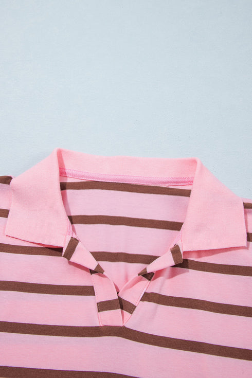 Striped Collared Long Sleeve Straight Cut Top