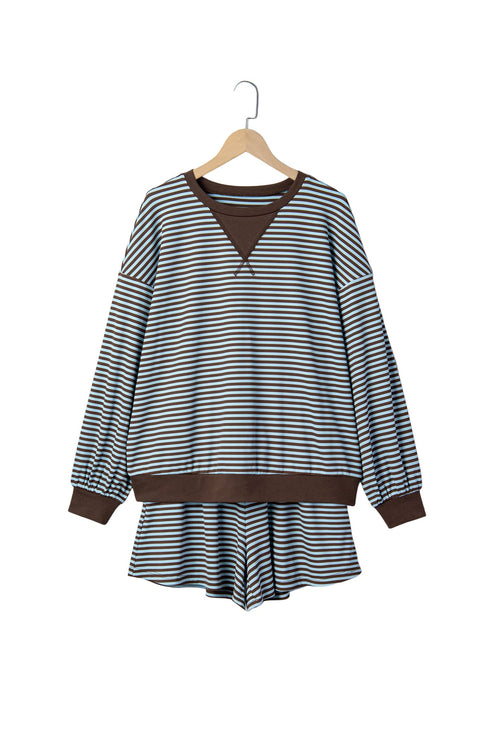 Striped Oversized Long Sleeve Top Drawstring Loose Shorts Two Piece Short Set