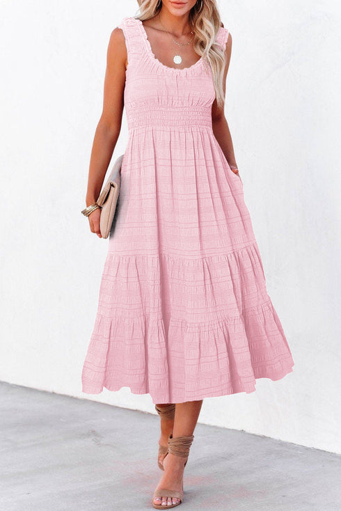 Elegant Shirred Pleated Square Neck Sleeveless Midi Dress