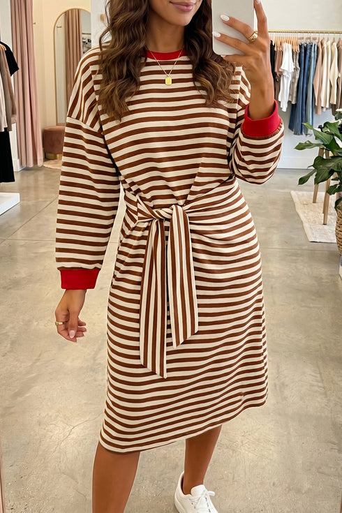 Striped Cuffs Round Neck Long Sleeve Shift Mini Dress