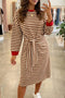 Striped Cuffs Round Neck Long Sleeve Shift Mini Dress
