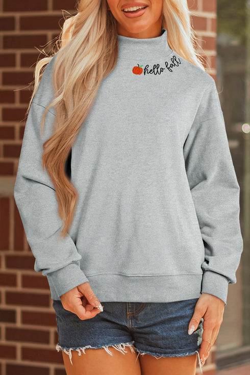 Hello Embroidered Pumpkin Graphic Mock Neck Sweatshirt