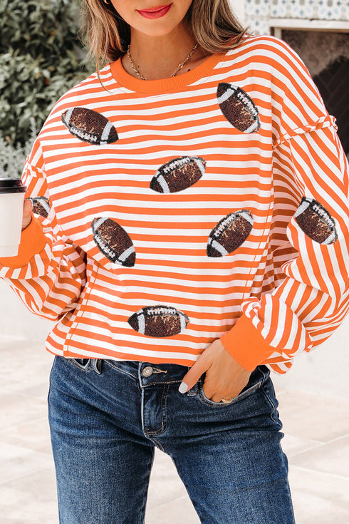 Striped Sequined Rugby Graphic Raw Seam Loose Long Sleeve Tee